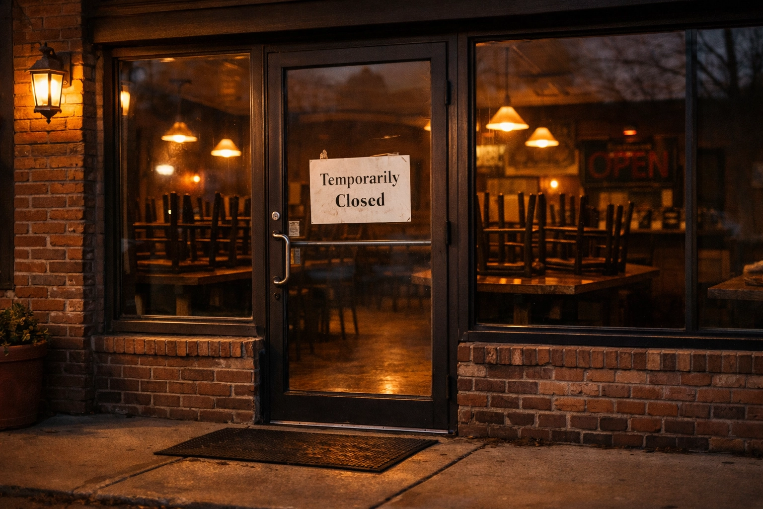 Closed restaurant storefront with temporarily closed sign showing business interruption