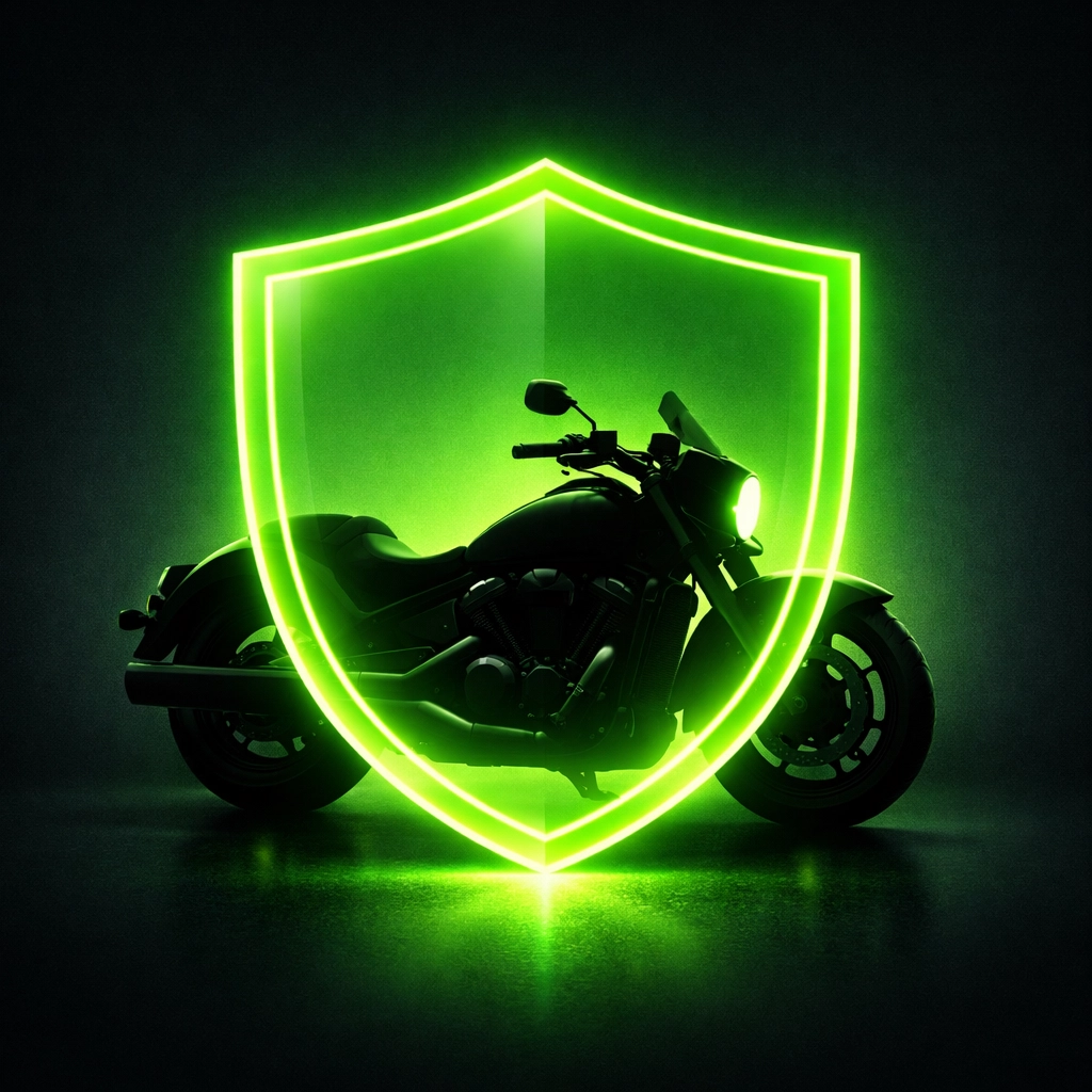 Cruiser motorcycle behind a neon shield representing the Quality Shield for private party bike sales.