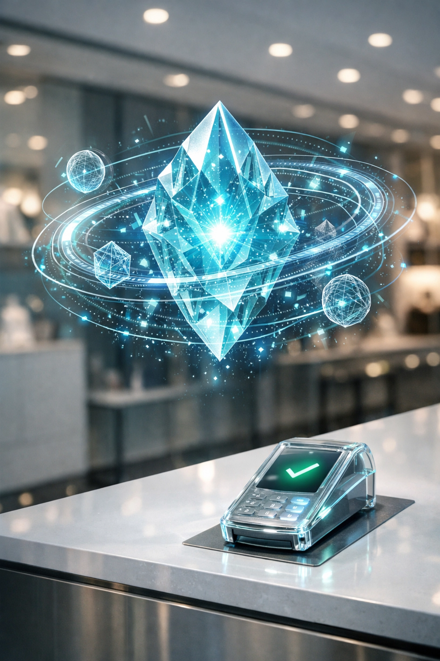 A futuristic merchant counter using Larecoin AI to process secure and programmable LUSD stablecoin payments.