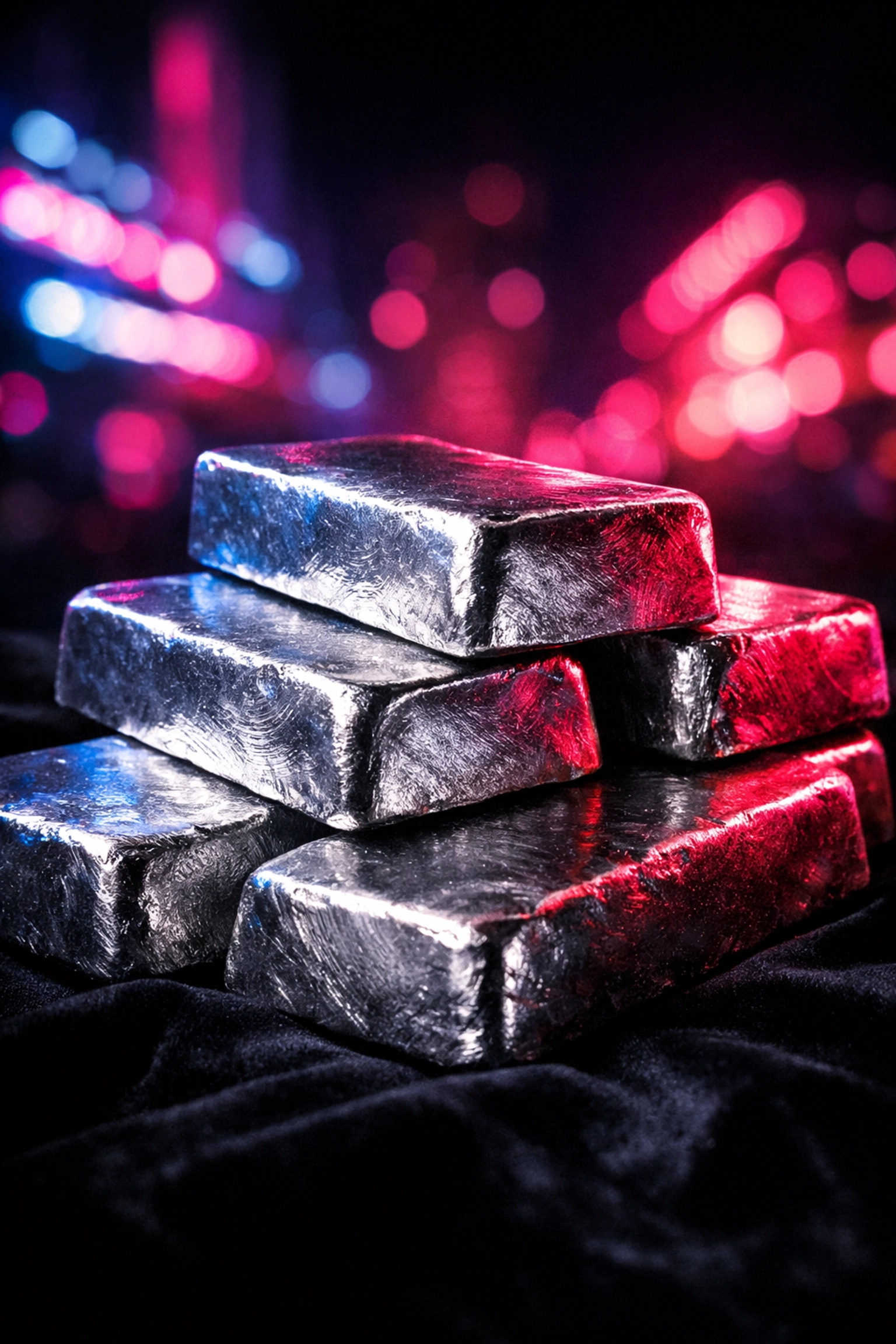 Stacked silver bullion bars under neon lights reflecting the high-stakes Las Vegas Binion treasure.