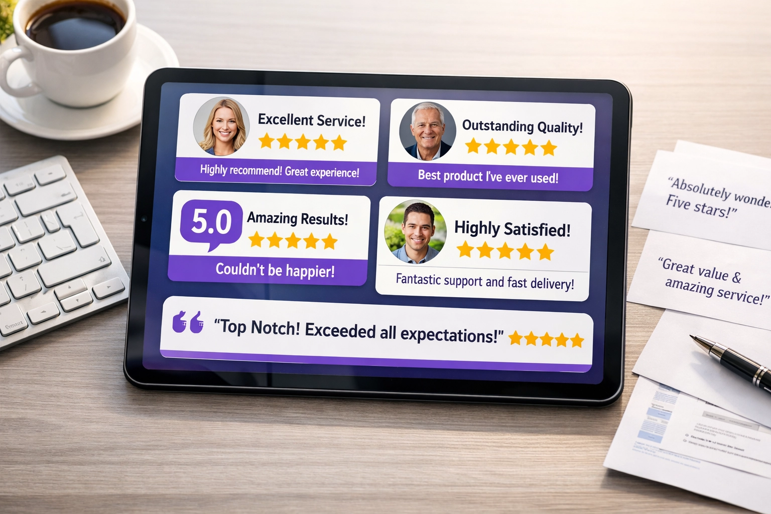 Tablet displaying five-star customer reviews and testimonials for local business
