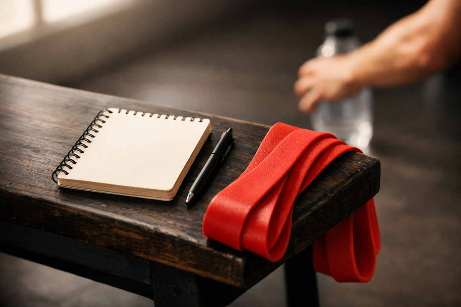 A training logbook and resistance band on a gym bench for tracking athletic progress manually.