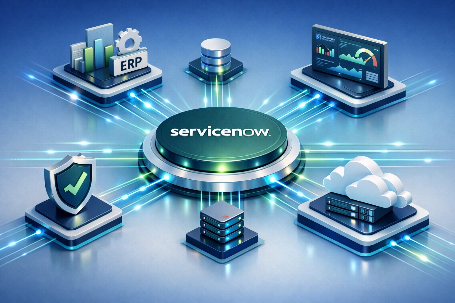 ServiceNow platform integration architecture connecting ERP, security, and enterprise systems
