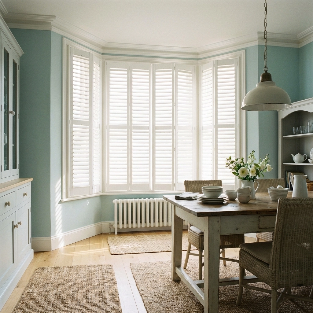 Coastal dining room with white plantation shutters open, providing heat reduction and a stylish look