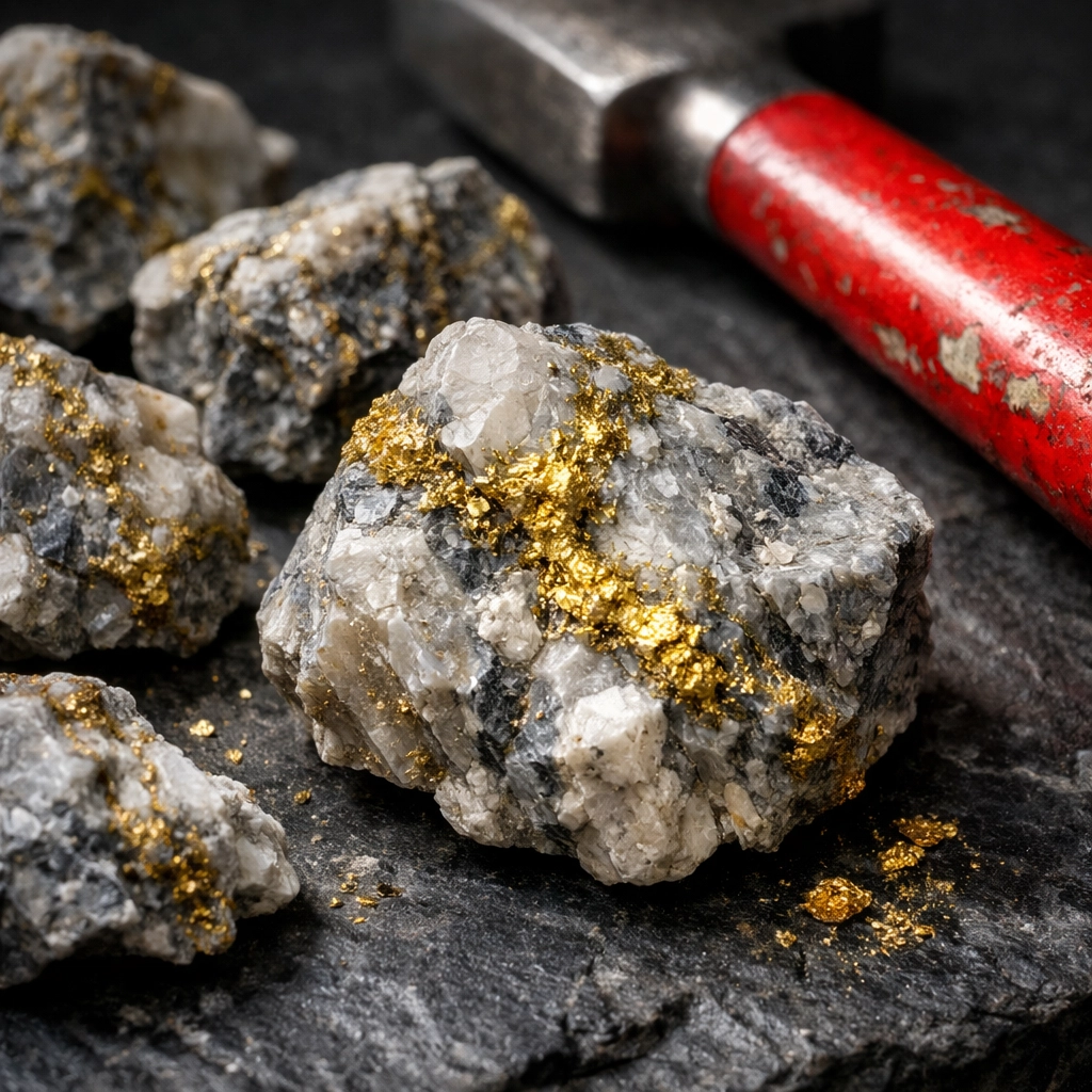 Raw gold ore specimens with visible gold veins in quartz rock from Ontario mine