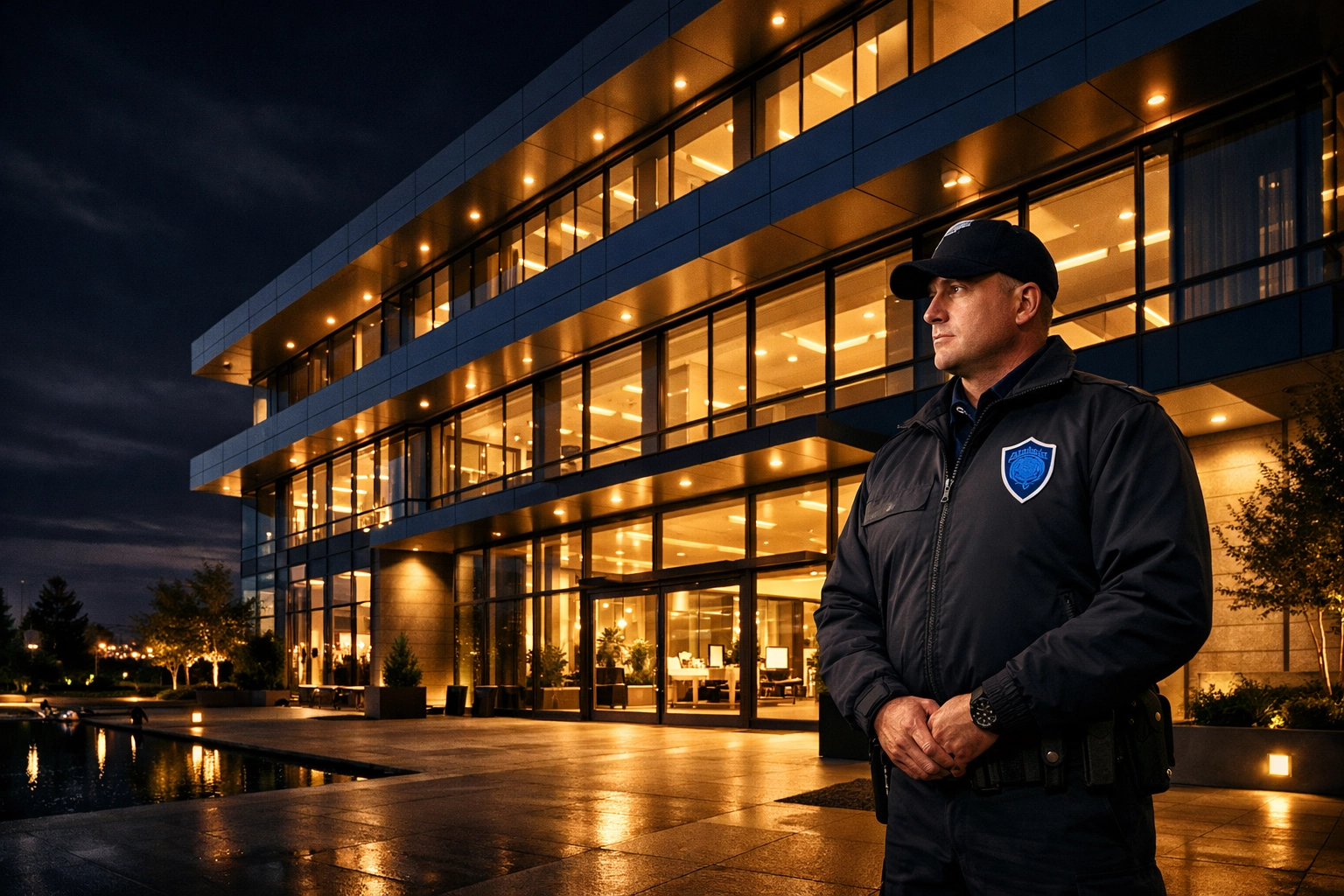 Security officer protecting a Richmond commercial building at night with modern equipment and vigilance.