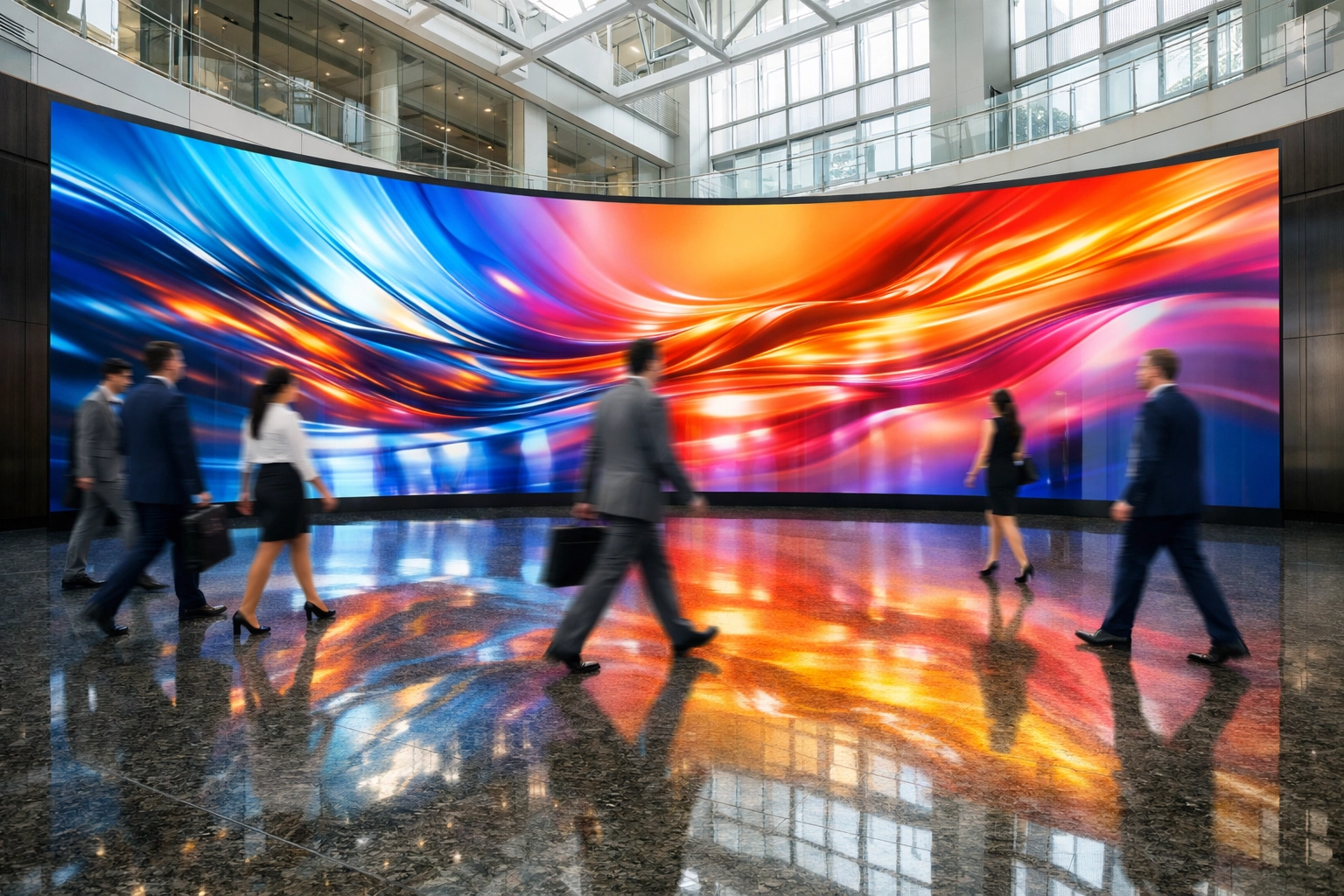 Curved digital signage display in a modern corporate lobby showcasing high-impact brand marketing visuals.