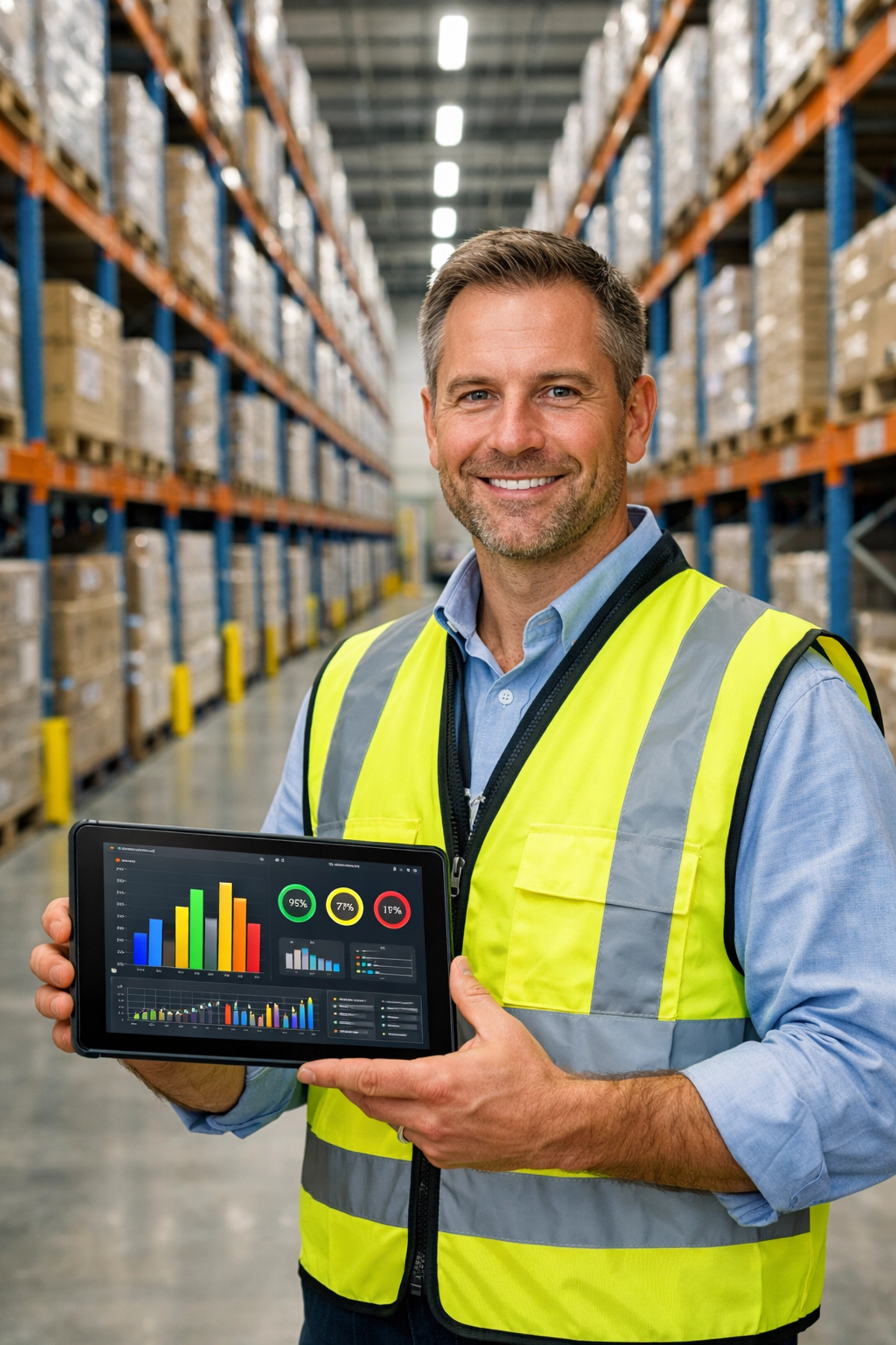 Warehouse manager using an inventory management system for real-time visibility and SKU accuracy.