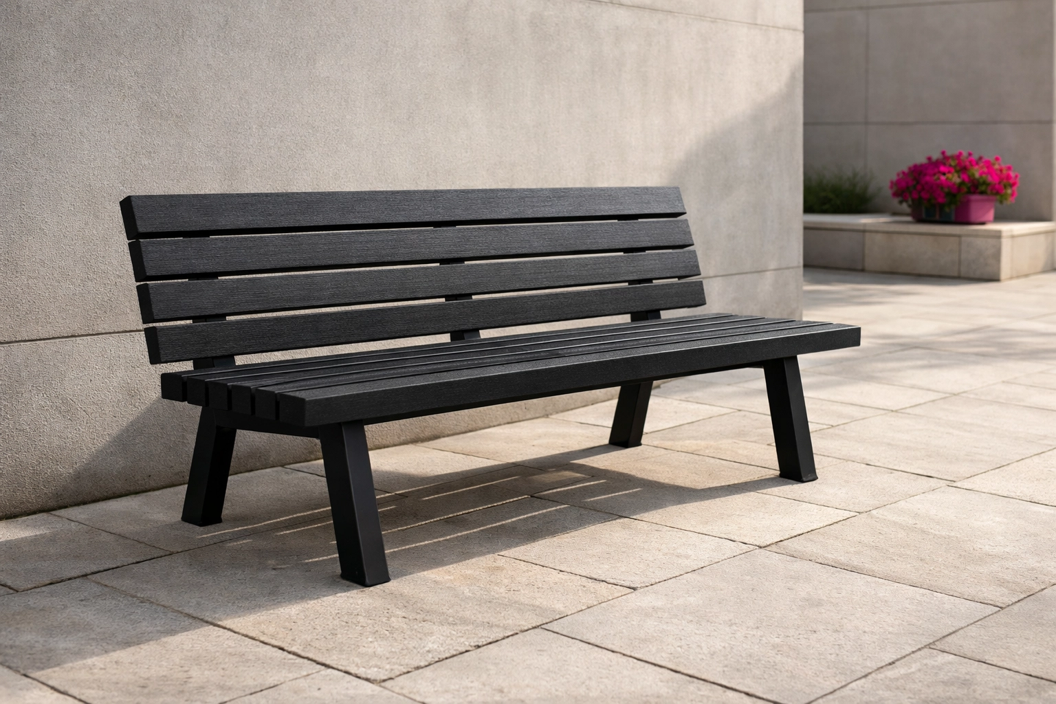 Classic Galleria outdoor seat featuring durable 100% recycled HDPE slats in a modern urban courtyard.