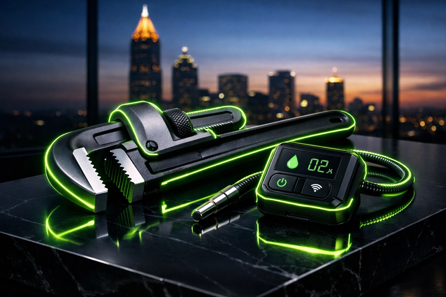 Professional plumbing tools for Atlanta plumbing services against a modern city skyline backdrop.