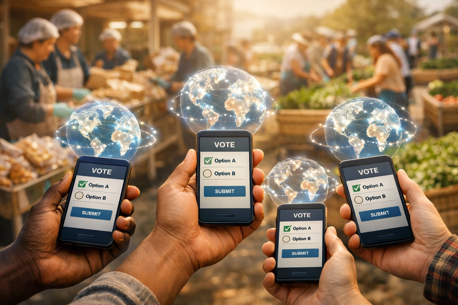 Community DAO voting on global hunger relief allocation using mobile crypto payment interface