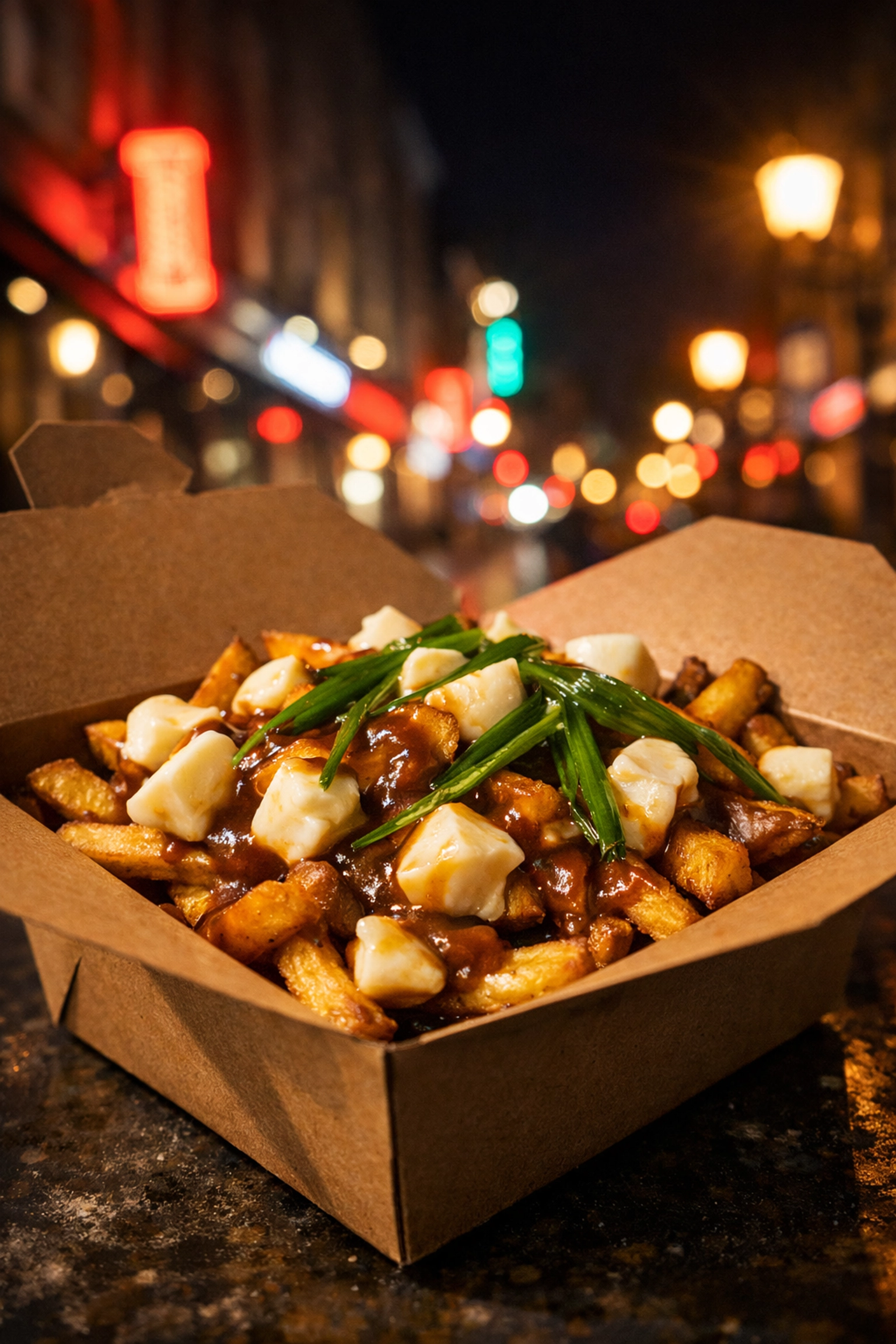 Gourmet Montreal poutine with fresh cheese curds and wild leeks served at night in a city street.
