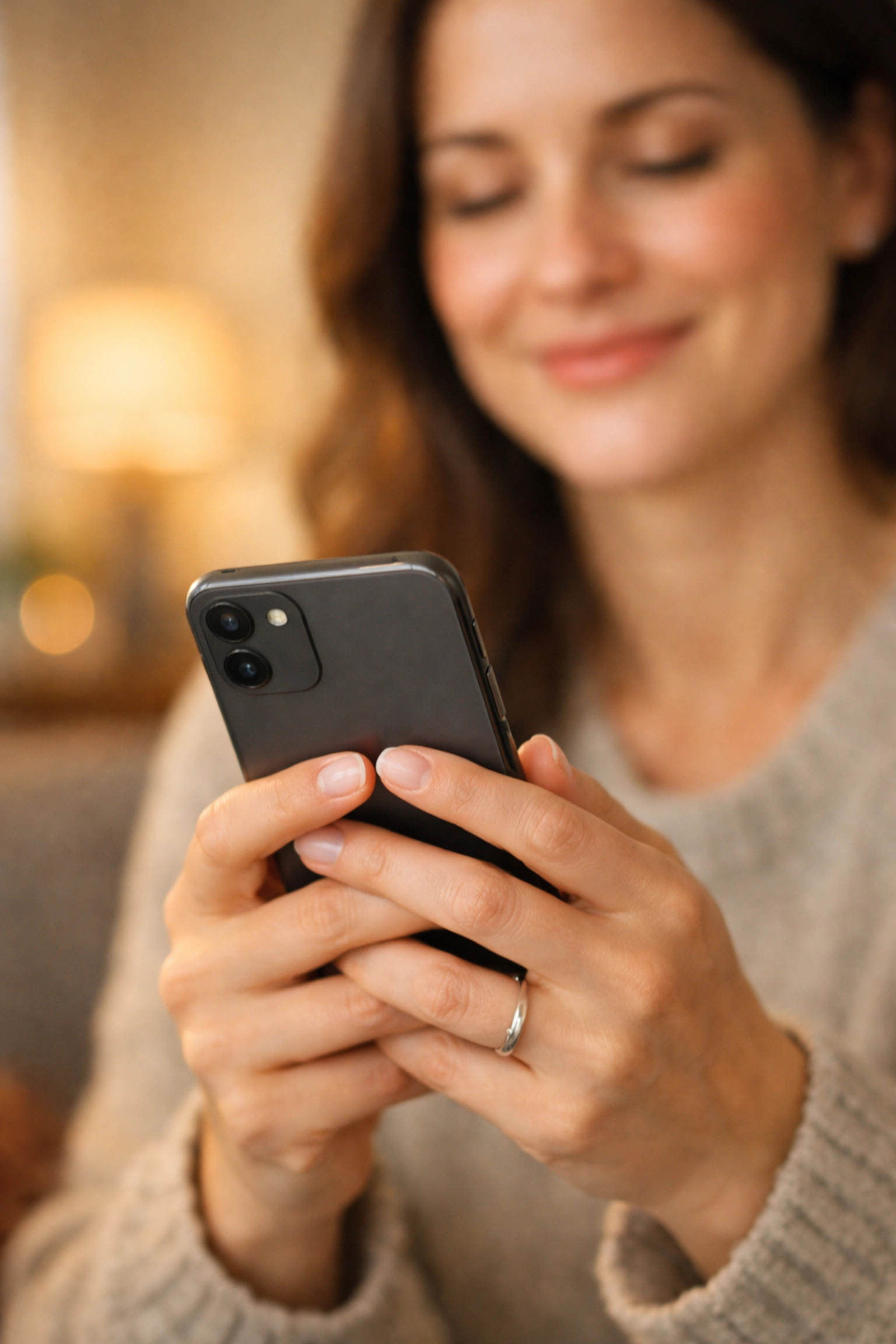 Demande de prêt mauvais crédit simplifiée sur smartphone dans un salon chaleureux.