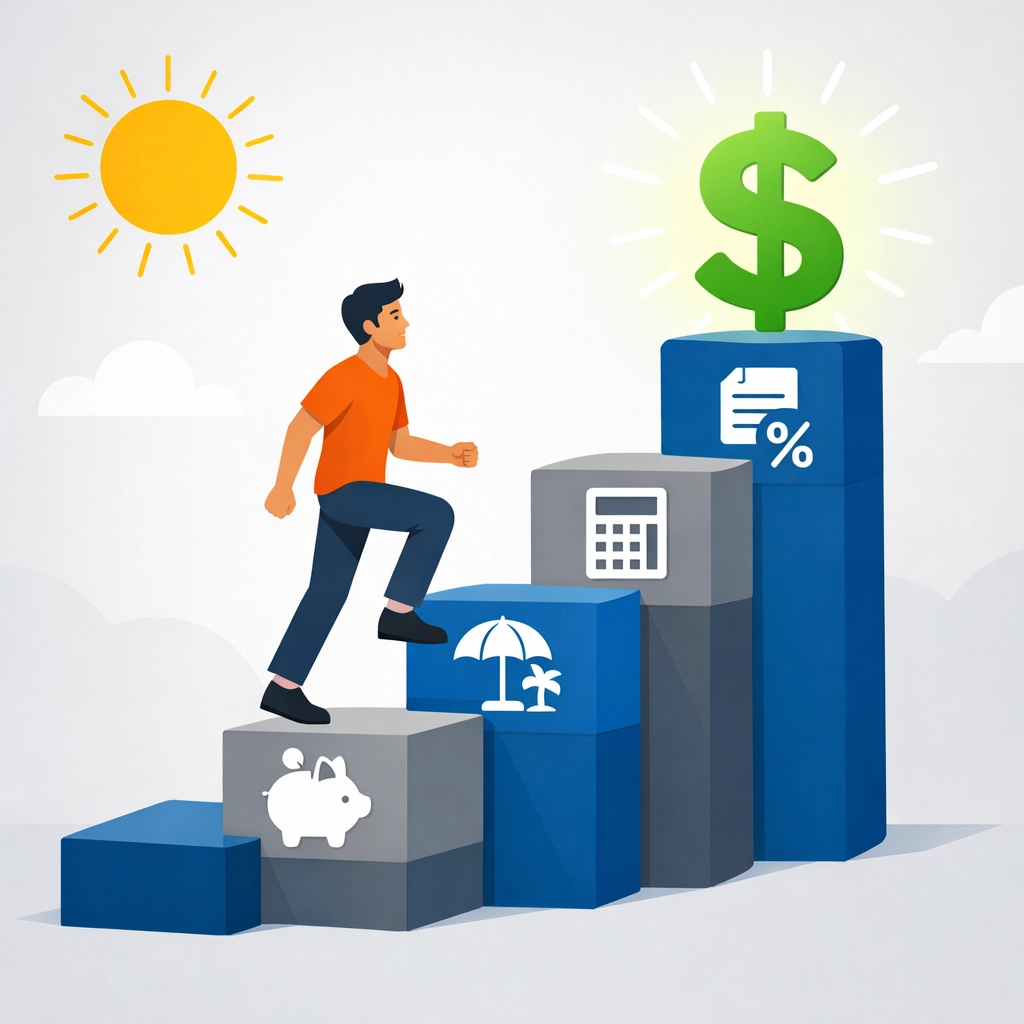 Illustration of a person climbing steps toward tax planning milestones and financial savings.