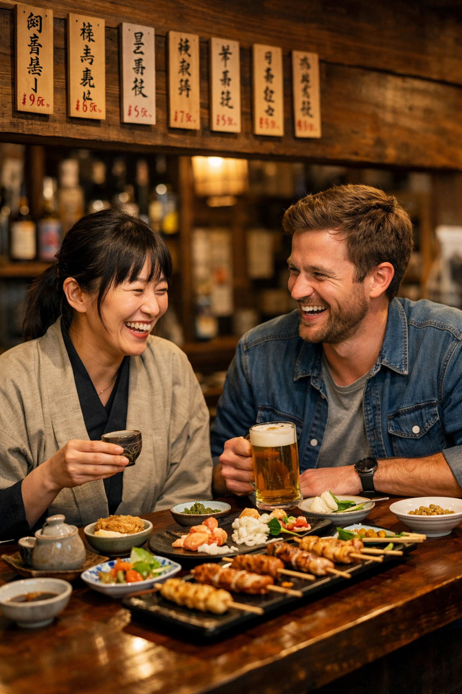 A traveler and local food guide enjoying yakitori at a traditional Tokyo izakaya during a personalized food tour.