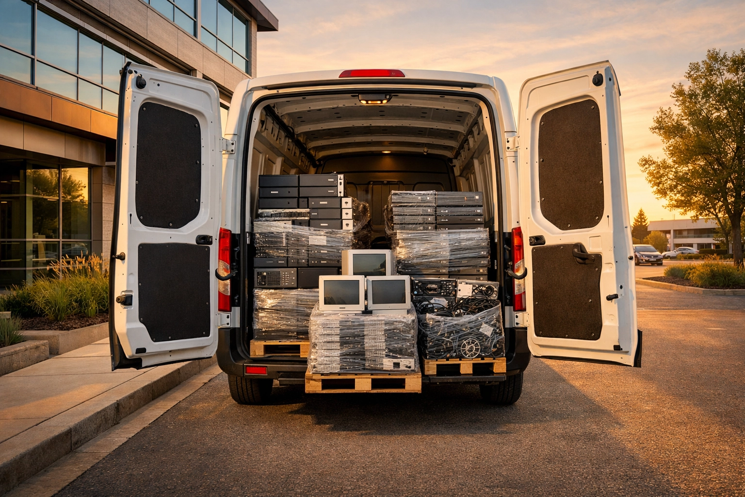 Free e-waste collection service van loading business IT equipment in Northamptonshire