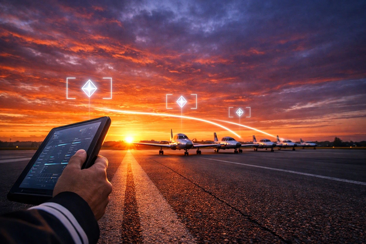 Future of FAA Part 141 pilot training modernization with digital technology and modern aircraft at sunrise.
