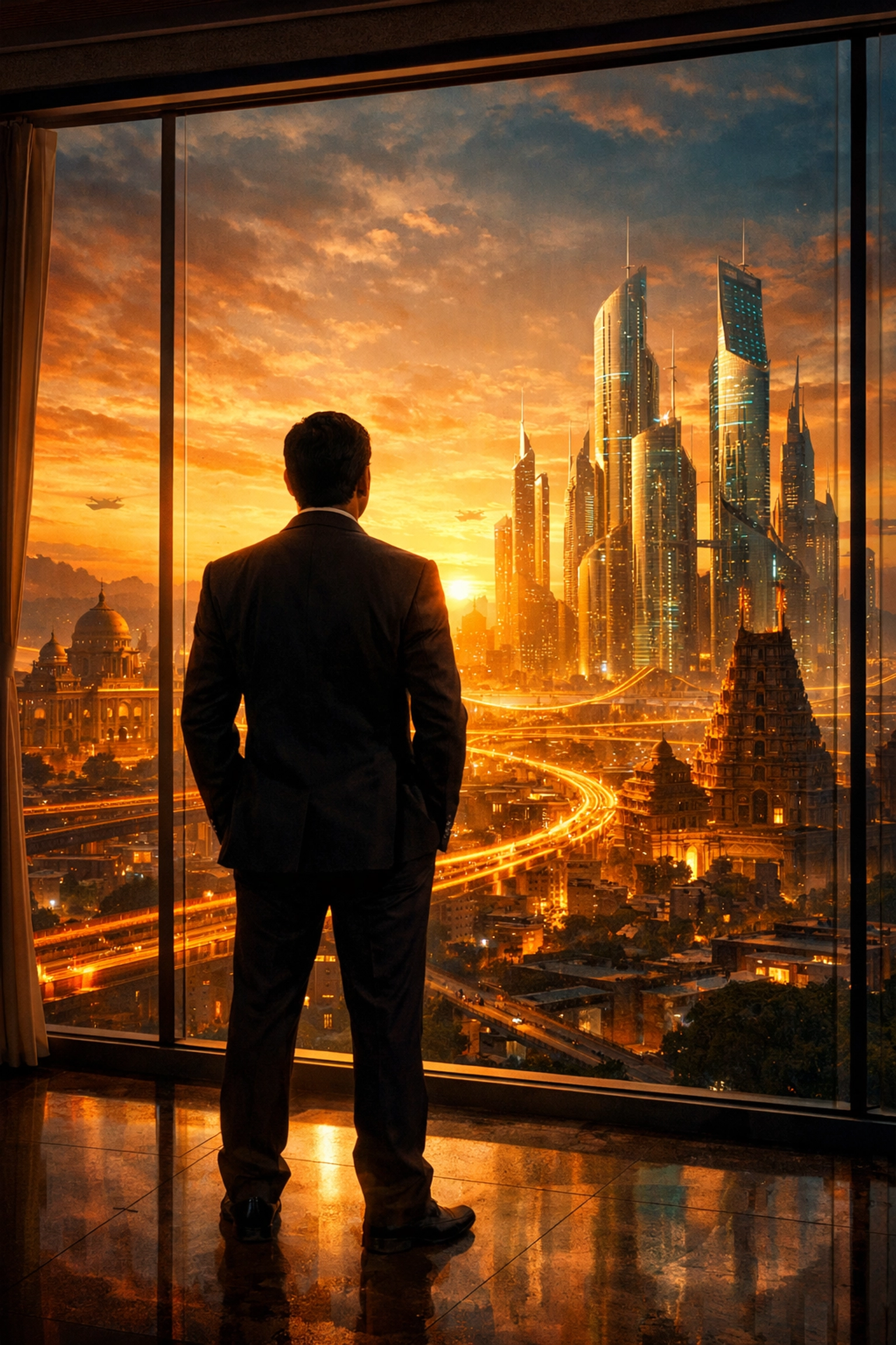 Visionary entrepreneur overlooking a futuristic city, capturing the growth momentum of Startup News India.