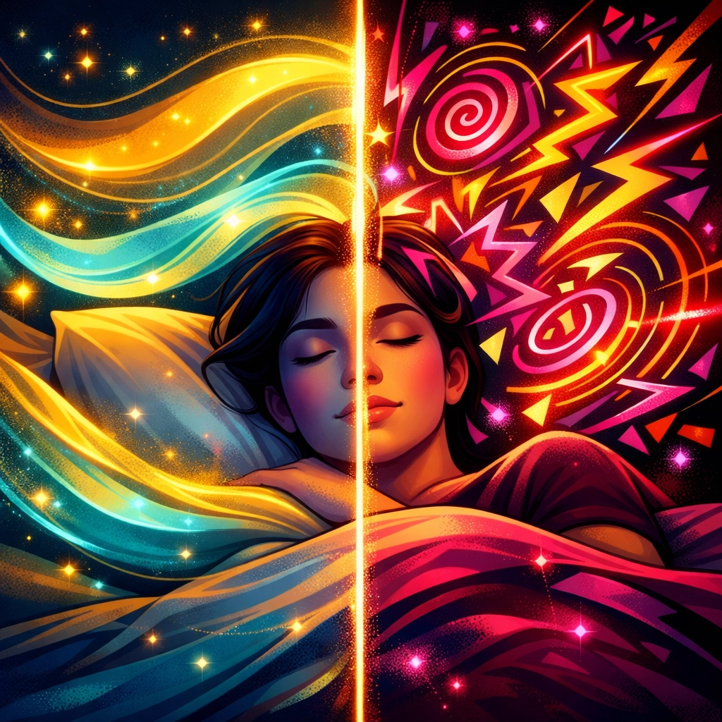 Person in bed split between peaceful mindfulness and chaotic overthinking during sex