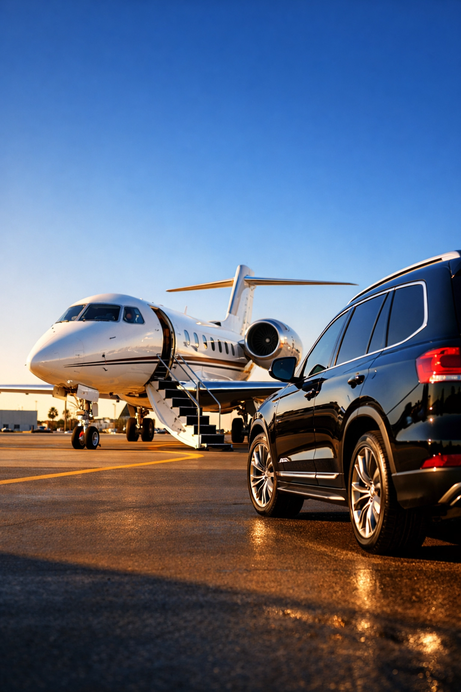 Private jet and luxury SUV for executive Super Bowl travel logistics and airport transfers.
