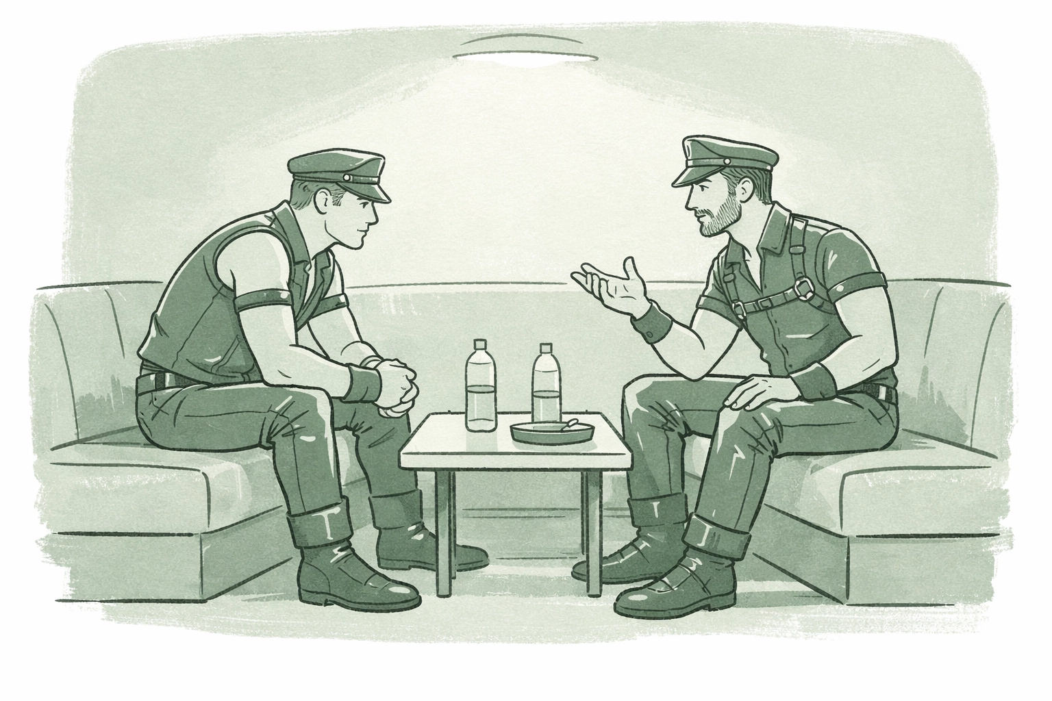 Two men in leather gear having deep conversation in fetish community chill room