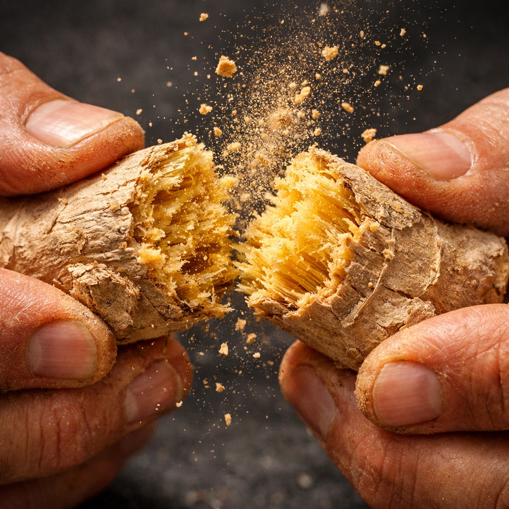 Close-up of a snapped dried ginger root, showcasing the natural health benefits of dried ginger.