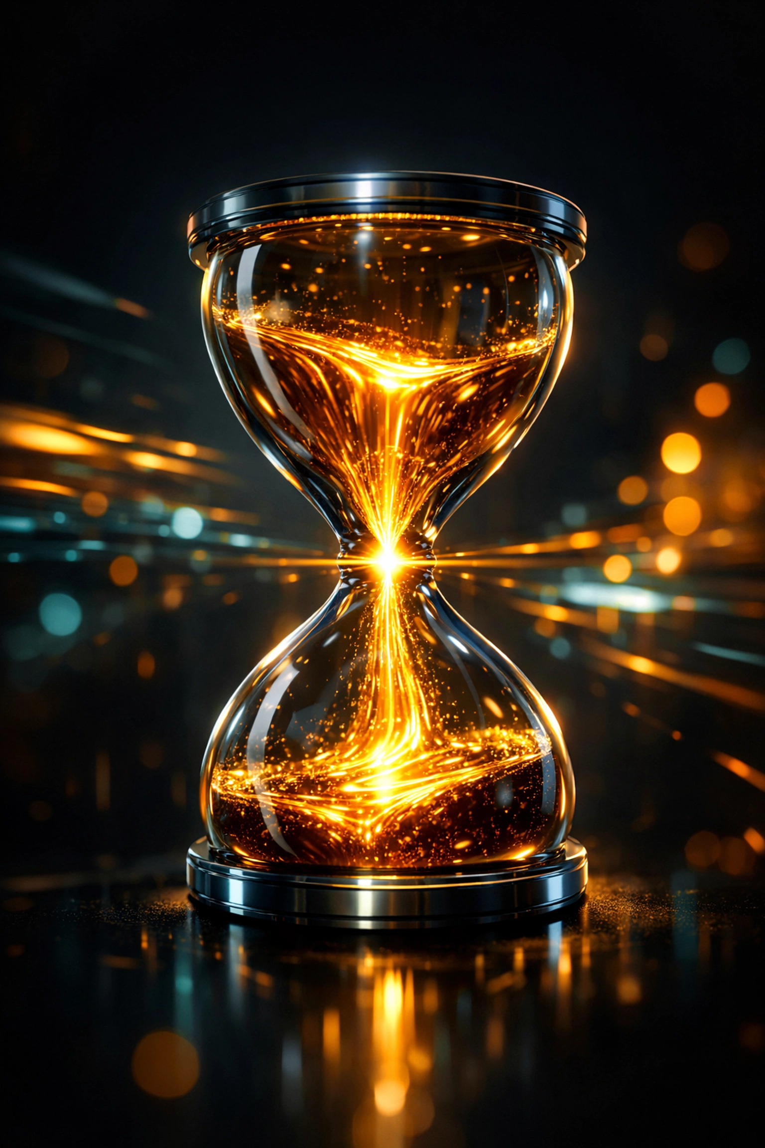 High-tech hourglass with golden light symbolizing mid-week momentum and timely access to business funding.