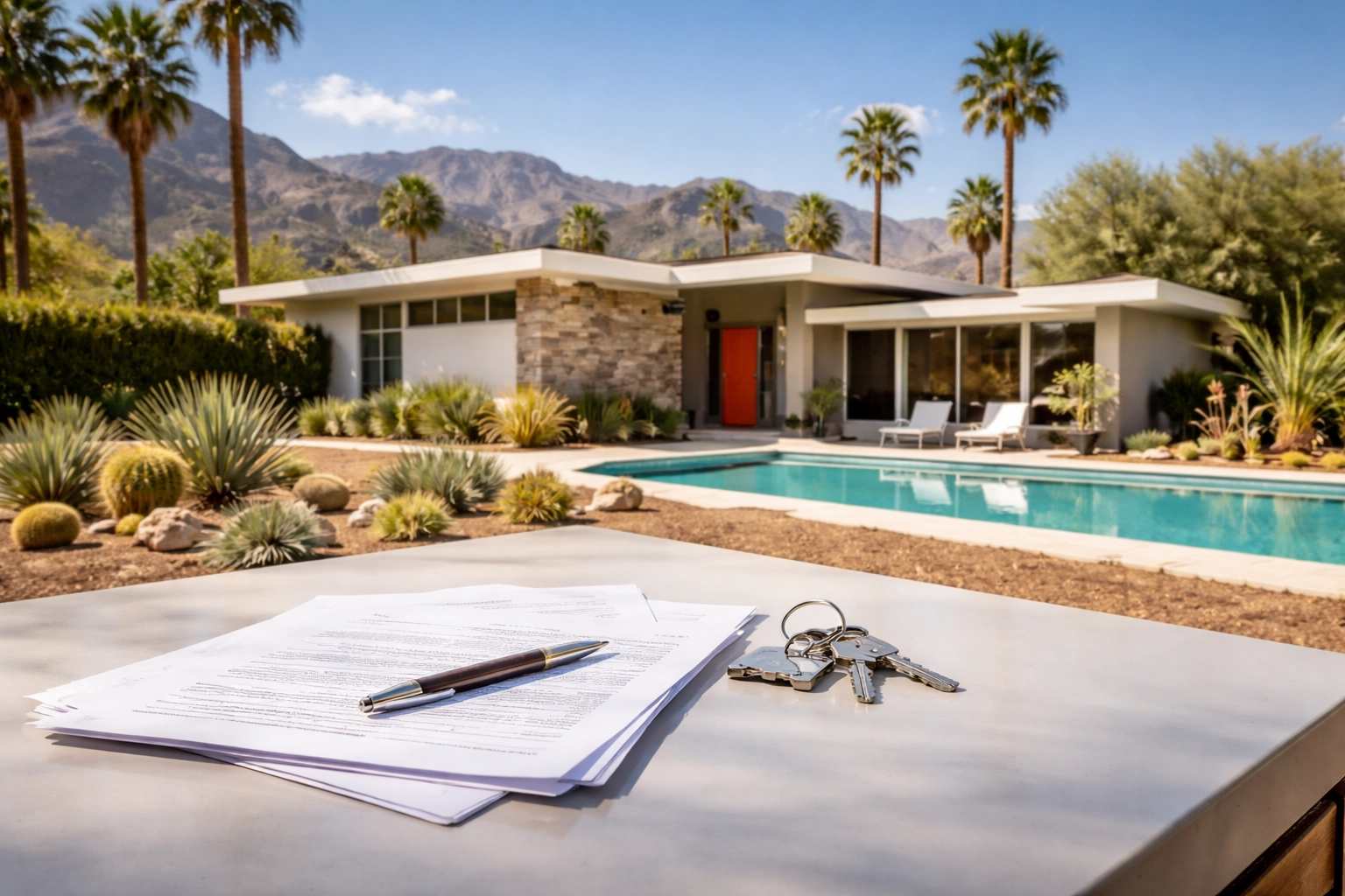 Palm Springs mid-century home with probate documents and keys, symbolizing authority to sell in California probate real estate.