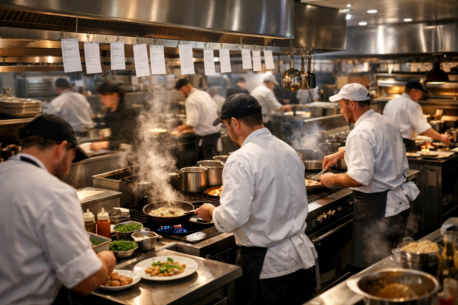 Busy restaurant kitchen during Friday dinner service with chefs at multiple stations