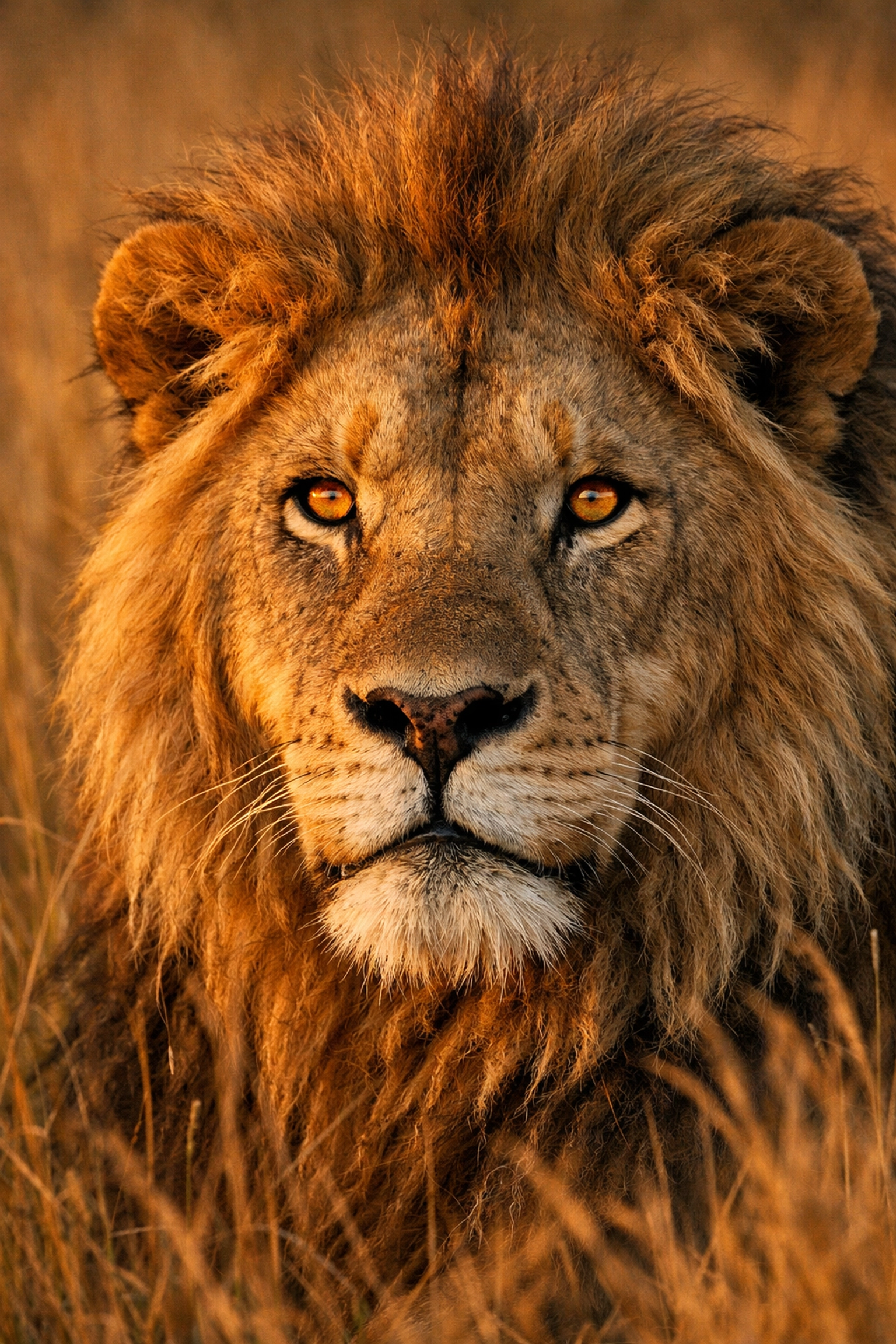 Close-up of a male lion's face in the savanna, representing authentic wildlife storytelling at Zoo Imagery.