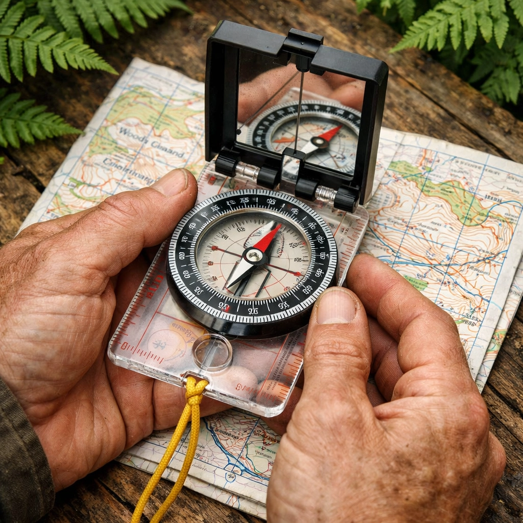 Hands using compass on an OS map for wild camping guided UK navigation skills