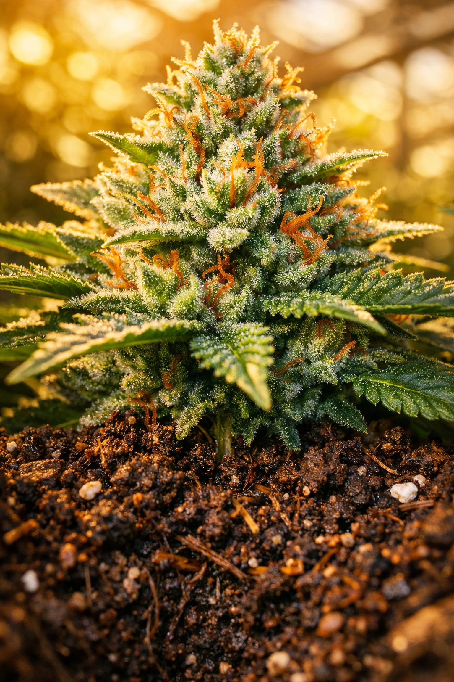 Healthy flowering plant with resinous buds and trichomes grown in nutrient-rich Rhizo Logic living soil.