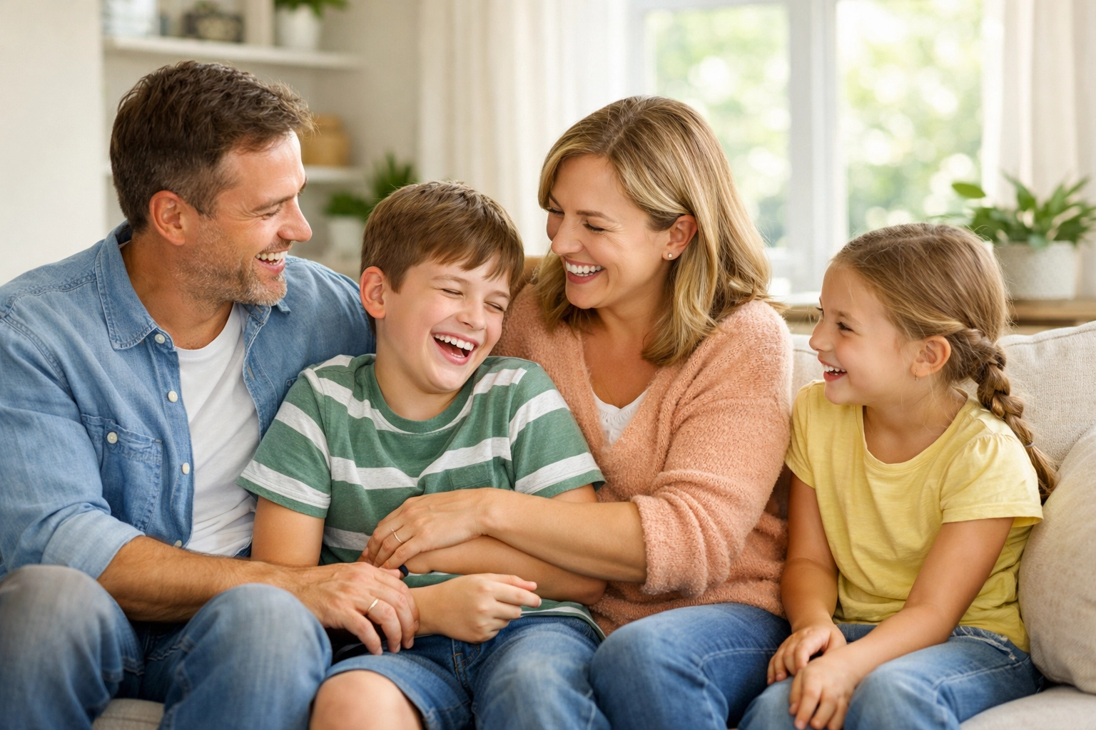 Happy family at home showing benefits of ABA parent training and reduced stress