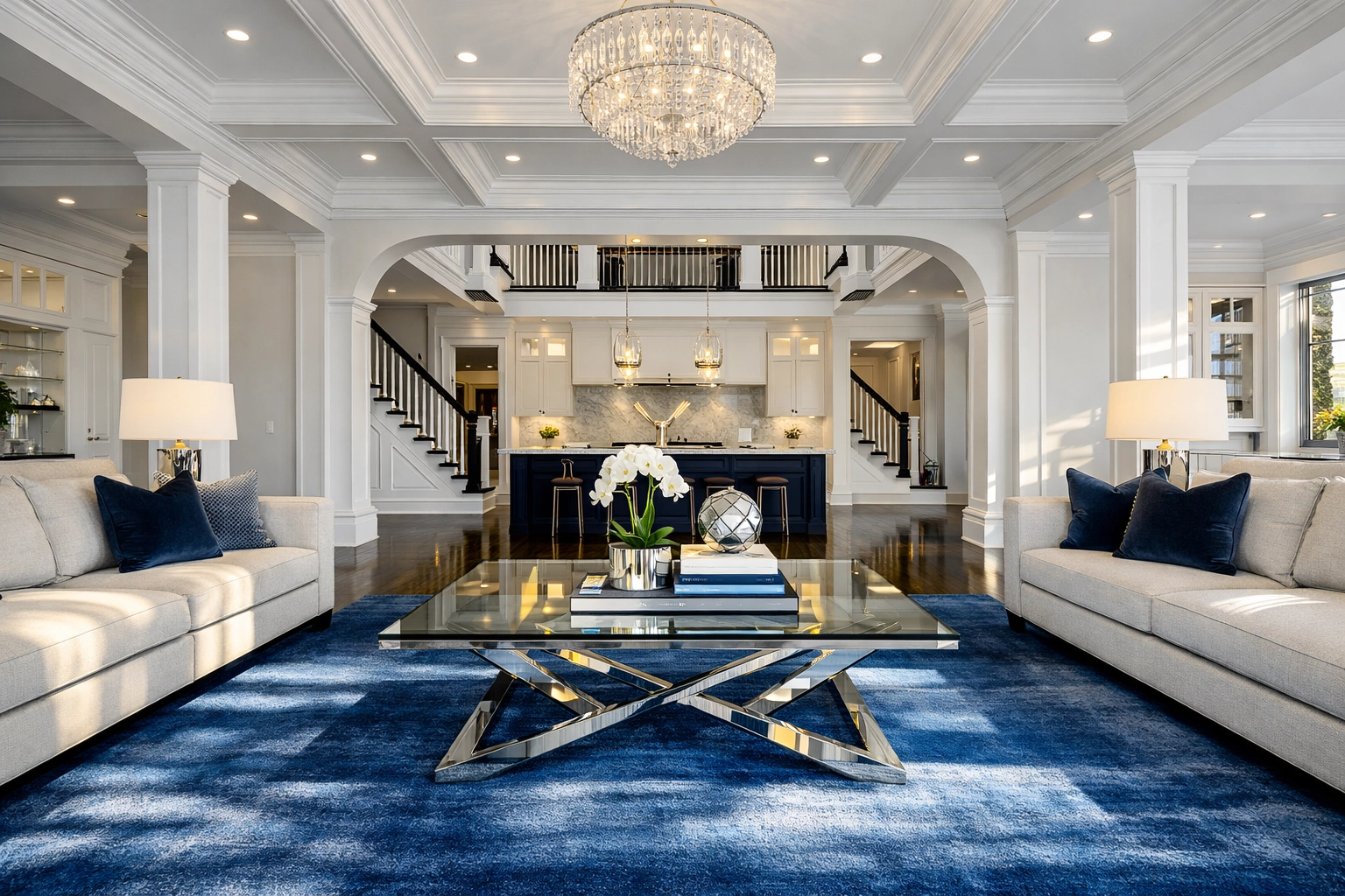 Deep-cleaned open-concept living room in a high-end estate with spotless surfaces.