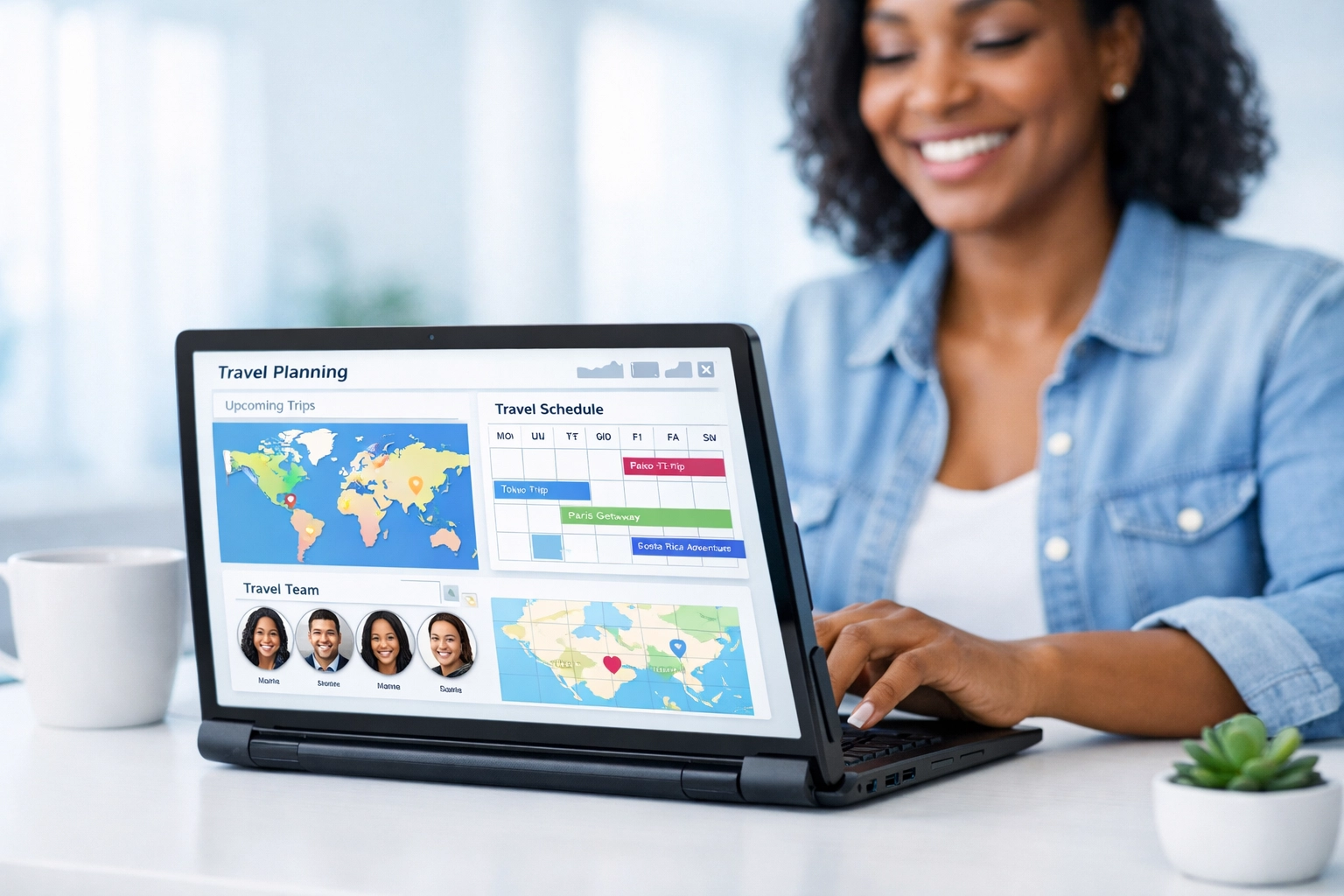 Travel planner using organized dashboard on laptop to coordinate group trip efficiently