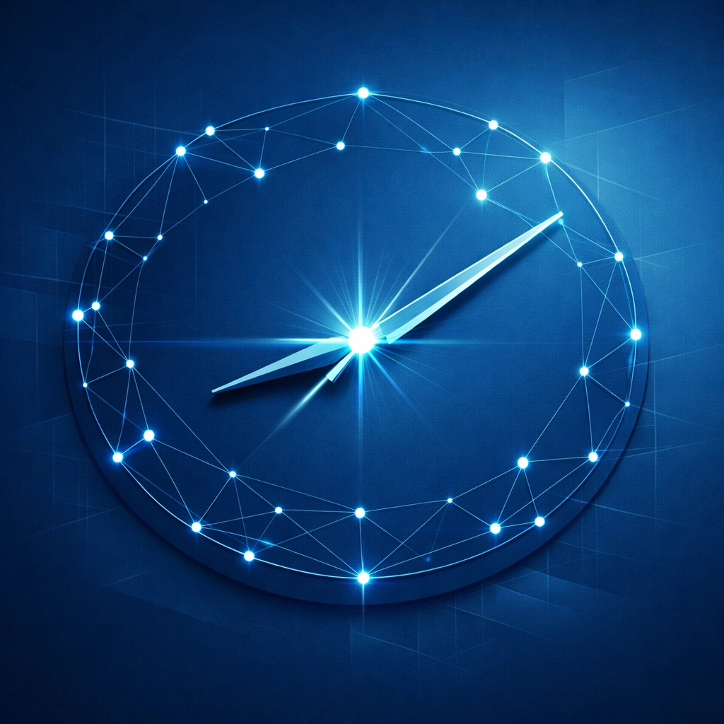 Secure data nodes on a blue abstract clock illustrating accurate historical records for accountancy practice compliance.