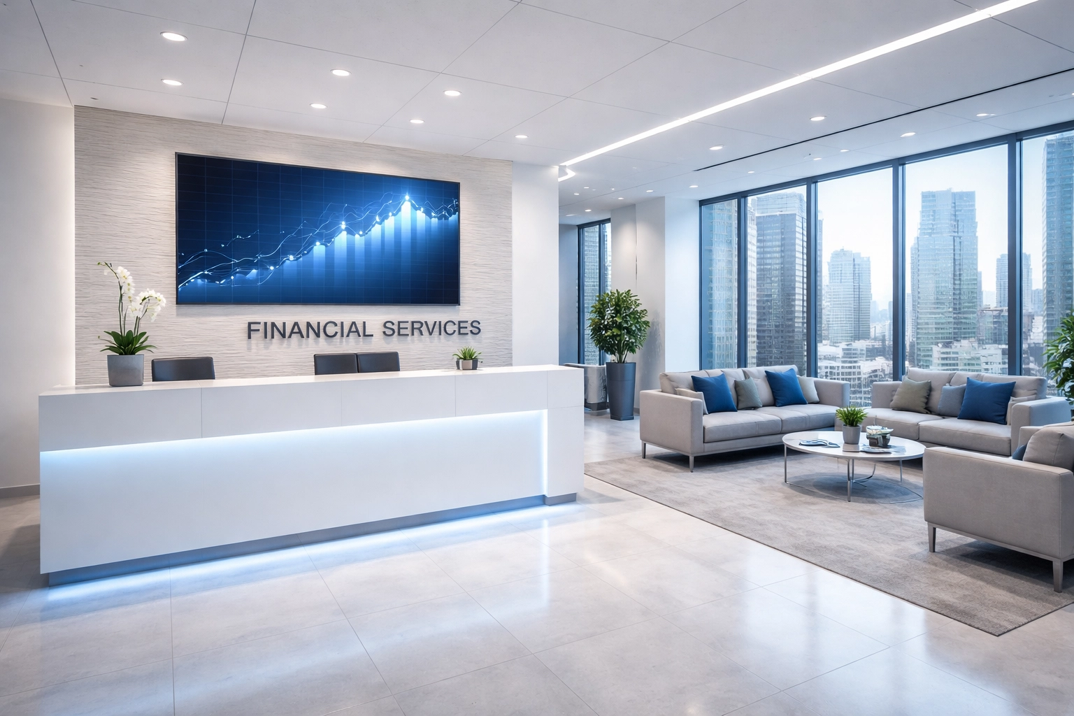 Minimalist financial services office with reception area, reflecting professionalism and transparency in high-risk credit card processing