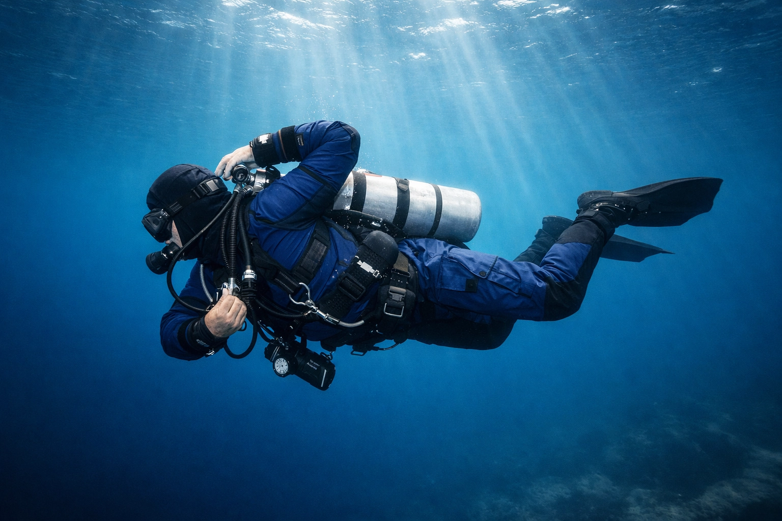 Tech-Taucher mit Trockentauchanzug zeigt Bewegungsfreiheit unter Wasser