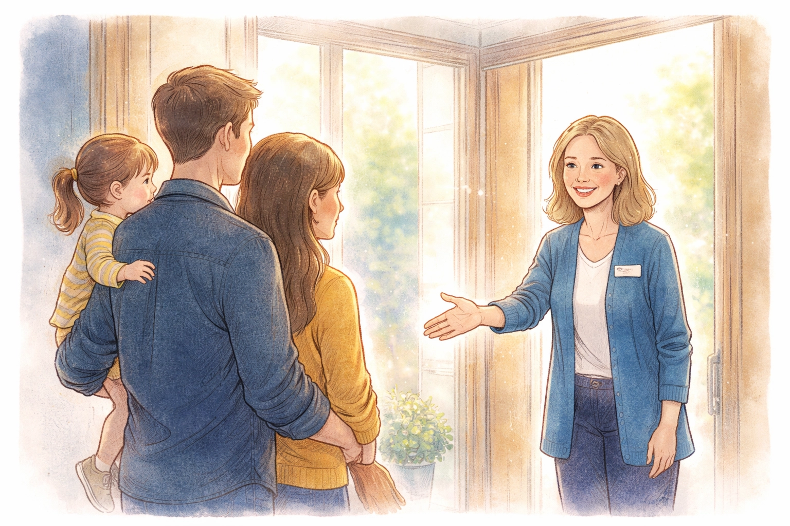 Church greeter warmly welcoming a young family at a church entrance, illustrating Christian hospitality