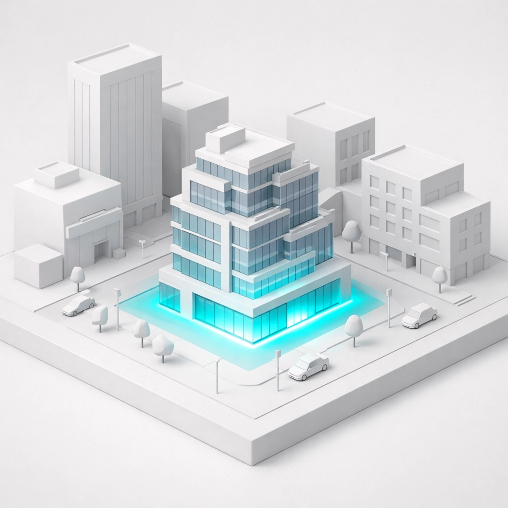 Modern city map showing a highlighted chiropractic clinic dominating local search results.