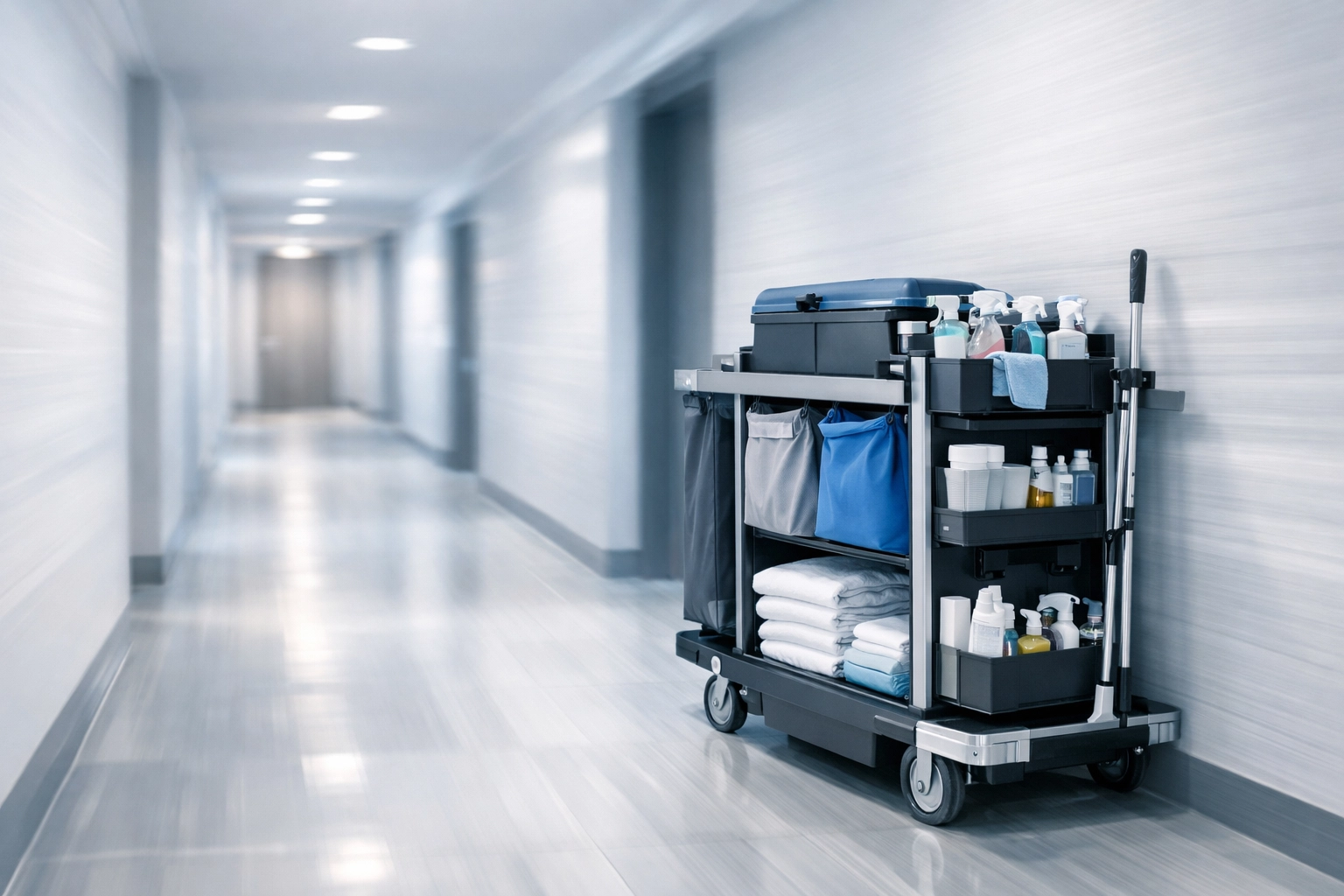 Organized cleaning cart in a modern apartment hallway for efficient turnover services.