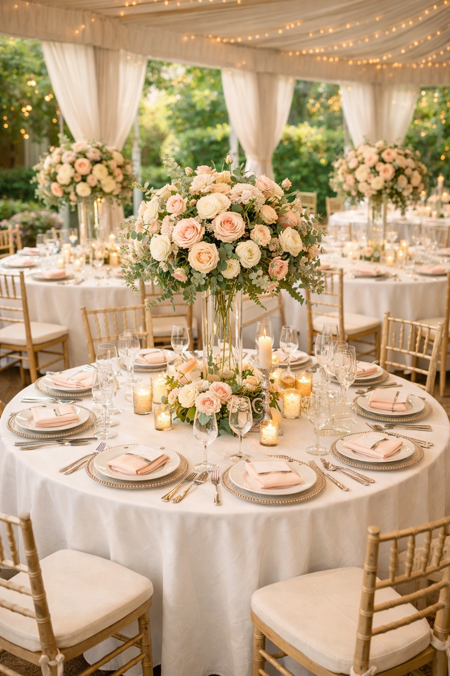 Elegant wedding reception tables in a sunlit pavilion representing a stress-free, fully funded big day.