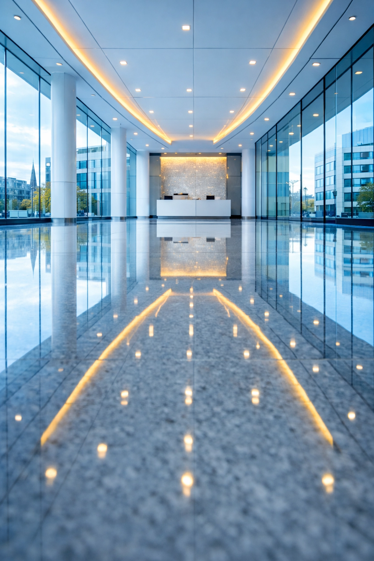 Spotless polished lobby floor in a Cambridge commercial office building after professional cleaning.