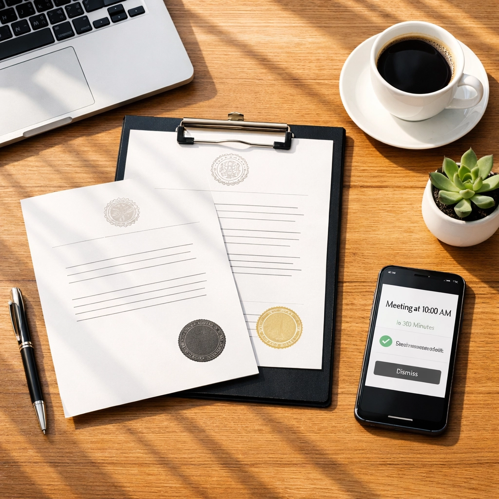Business desk with legal documents and laptop showing organized LLC compliance