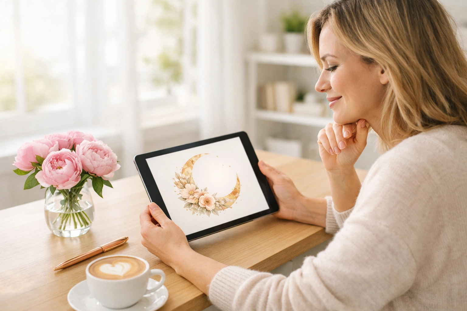 A professional social media manager at a bright desk focusing on high-quality content for a thoughtful strategy.