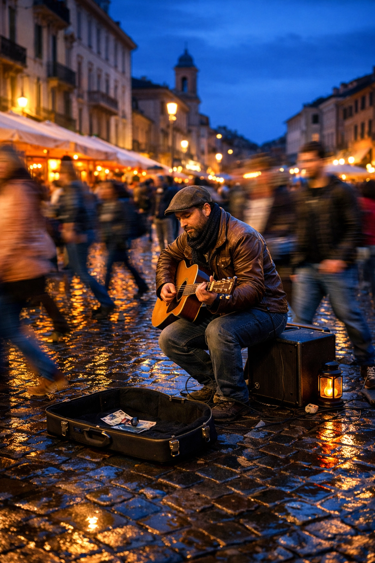 Sharp street performer with motion-blurred crowd showing shutter speed control in manual mode.