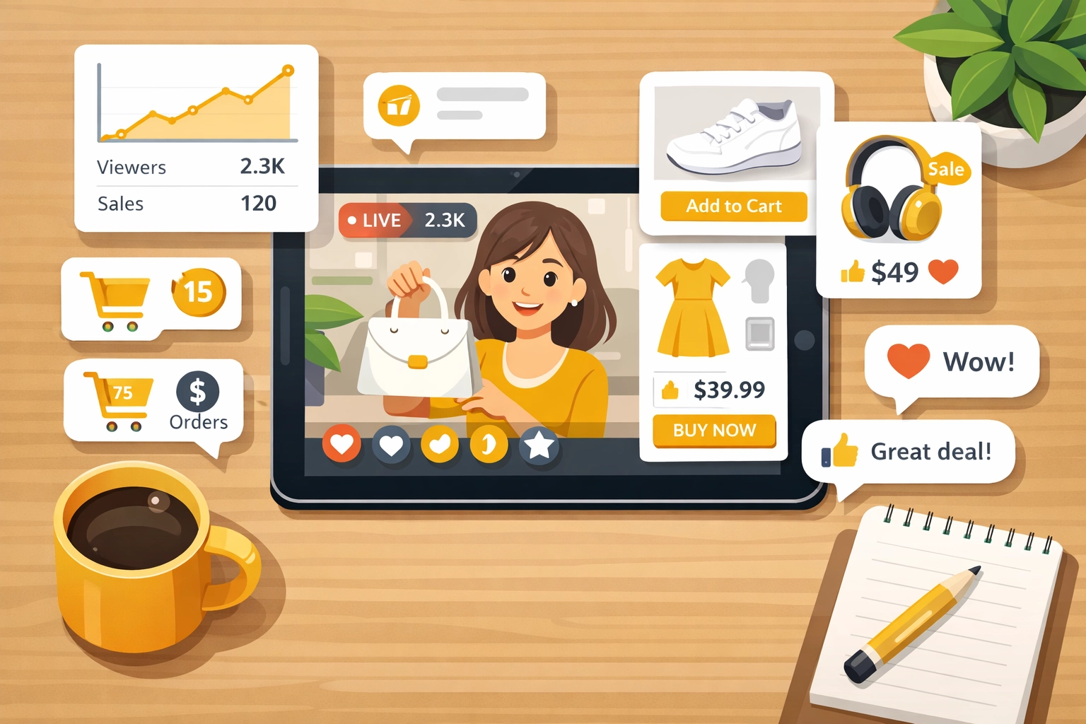 Live shopping analytics dashboard showing real-time engagement and sales metrics