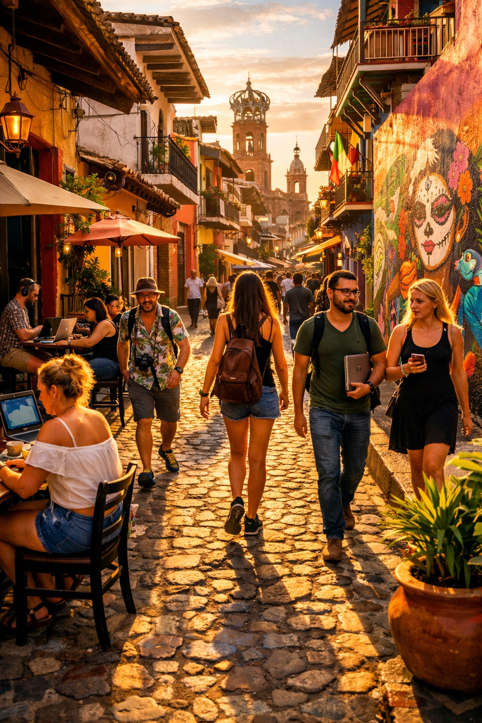 Digital nomads on colorful cobblestone streets in Puerto Vallarta Old Town