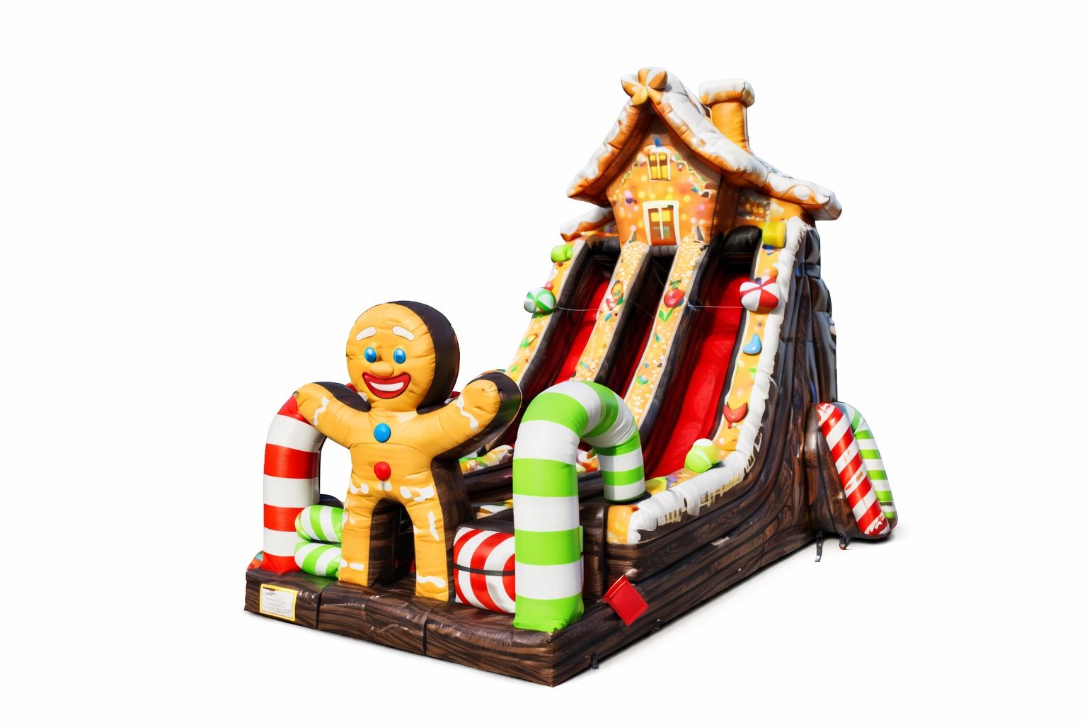 Corporate Holiday Party Planning & Staff Parties in Ontario 4 A large inflatable slide featuring a gingerbread house theme, perfect for holiday parties.