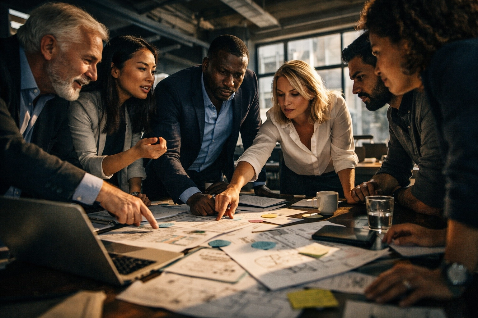 Business professionals collaborating on strategic planning in modern workspace